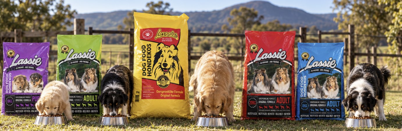 Lassie Hondekos reeks: 8kg Puppy, 10kg, 50kg, 20kg en 8kg Adult sakke met honde wat eet